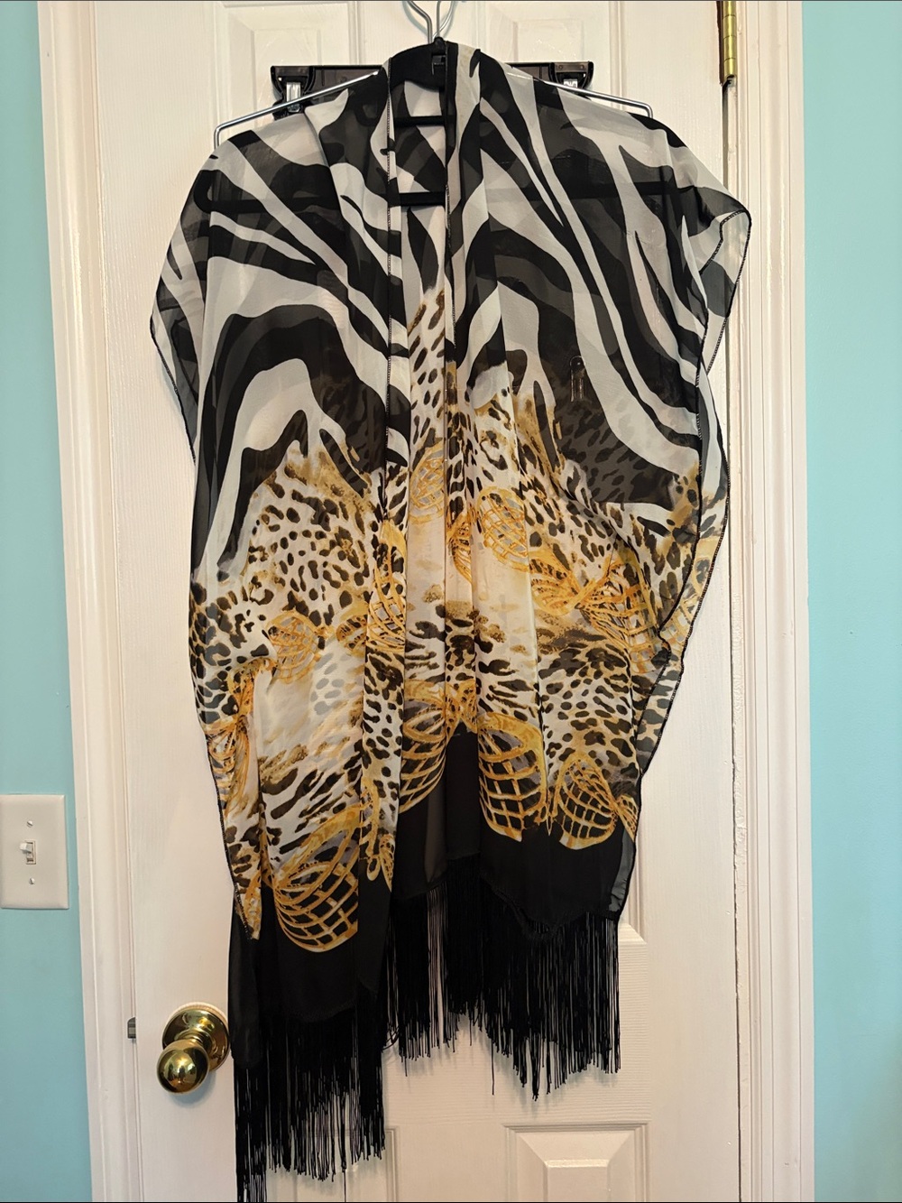 Sheer Black, White & Gold Animal Print Shawl with Fringe